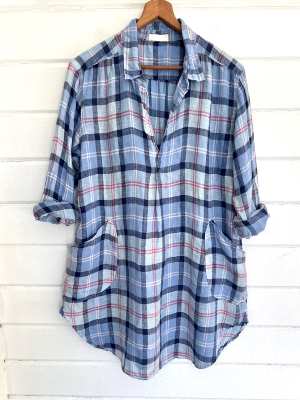 CP SHADES Teton Blue Plaid Linen Tunic Top - M
